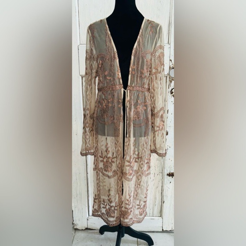 Romantic Boho Floral Embroidered Festival Mesh Ethereal Maxi‎ Kimono Duster - Picture 4 of 8